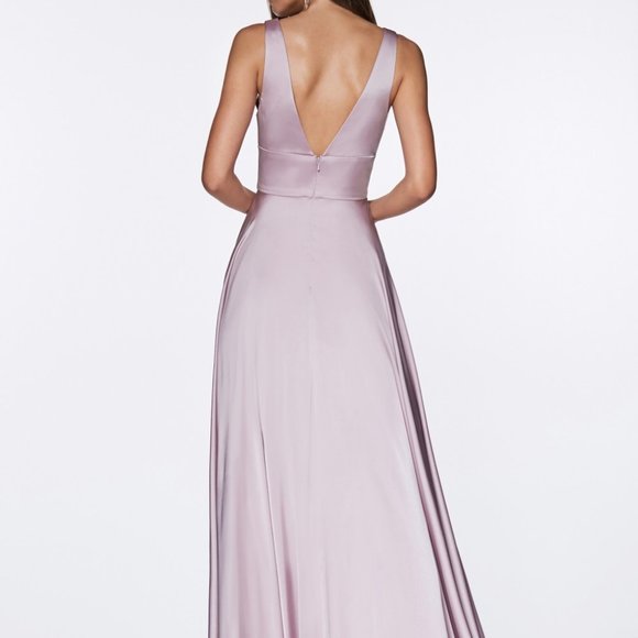 NWT NUDE COLOR PROM PARTY SATIN V-NECKLINE LONG LEG SLIT MAXI GOWN DRESS CD7469 - Picture 5 of 7